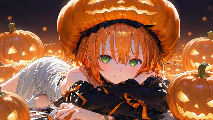 A girl ties her orange hair、Wearing a pumpkin hat,  Halloween theme ,