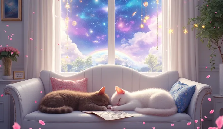 (( top quality)), (( Masterpiece)), (  Details), 洋室の窓から見えるuniverse、antique white furniture 、A white kitten and a cute brown kitten sleeping on the sofa、There is a written letter and 6 tarot cards on the sofa、 pink flower 、 petals、universe、moon、Sparkle、The ...