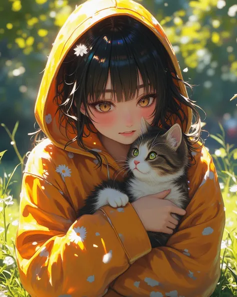  Magnificent digital painting of a girl dressed in nekomimi,  wearing an oversized Hoodie ,  relaxing in the park with his feline friend ,  bright colors and intricate details , by famous artist , tren di CGSociety