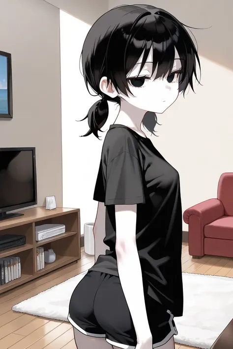 cute girl, asian beauty, (solo), (1girl), (alone), black t shirt, taut shirt, black shorts, wide hips, small perky breasts, skinny body, black hair, asian, short twintails, low twintails, black eyes, (pale skin), looking at viewer, side eye, ((from behind)...