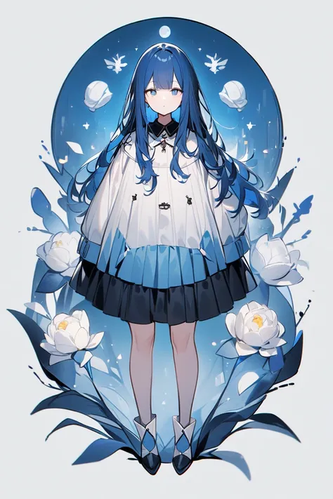  one girl、 robot 、Blue Hair、 long hair、expressionless white、whole body