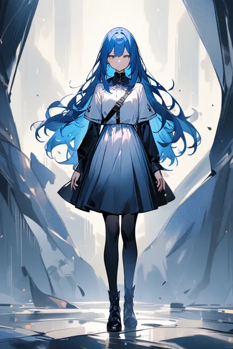  one girl、 robot 、Blue Hair、 long hair、expressionless white、whole body