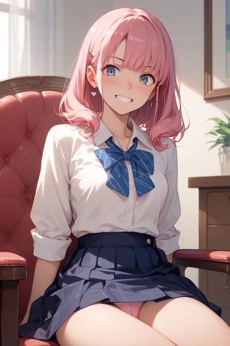 わきUnderを見せない，blush，Under，  no background ，   when you stare at ， Stare at Pe ，Sit on a chair，Front view， panties, skirt， no background， Pink Hair ， grin 