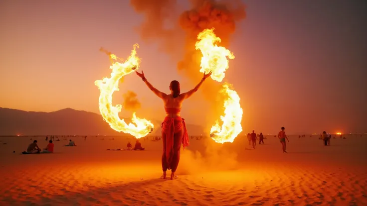 A cinematic photo of a fire performer at Burning Man twirling blazing torches, the flames casting dramatic shadows across the desert. The sky is painted with sunset hues of orange, pink, and purple, with distant festival-goers in the background. Hyper-real...