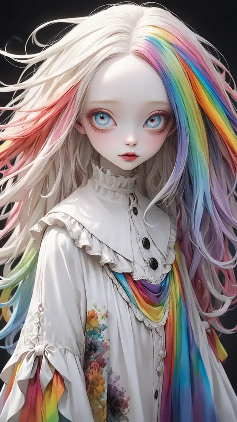 Tim Burton style、albino, extremely realistic 、rainbow color 、