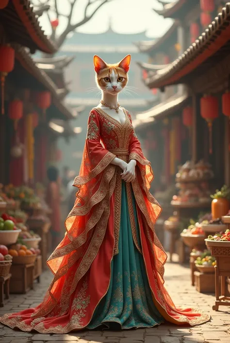 female cat wearing beautiful dress at traditional market