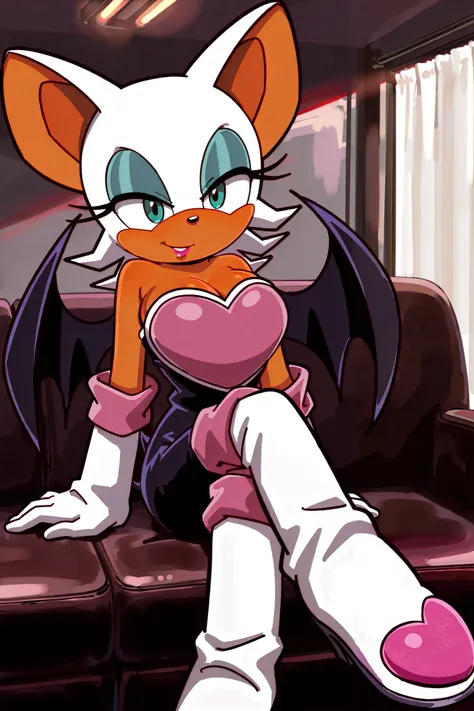 feminine, masterpiece, best quality, newest, absurdres, 1girl, rouge the bat, furry female, white-pink gloves, black jumpsuit, bat wings, teal eyes, pink-heart chestplate, lipstick, pink socks, white boots, sitting on sofa, crossed legs
BREAK
indoors