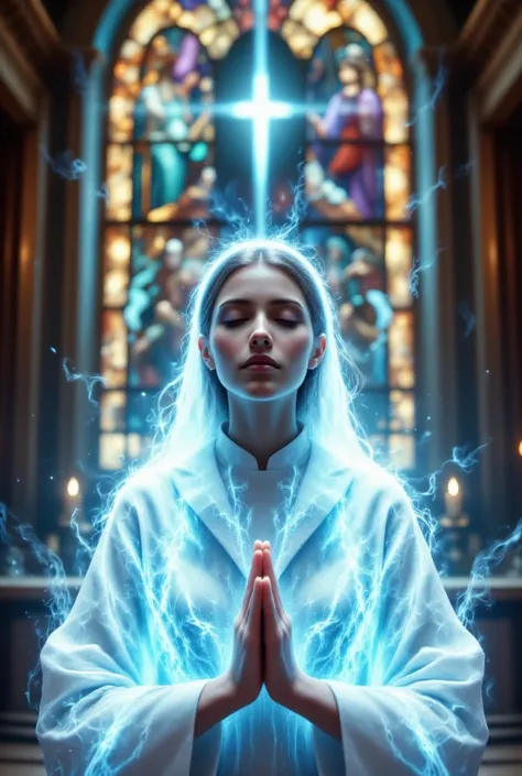 hyper Realistic, ultra detailed, best quality, ultra high rep, 1girl, young woman, gold hair, white Priest's hat, white Priest's vestments, pray with their eyes closed, body was enveloped in a blue gentle light, in chapel, background colorful stained glass