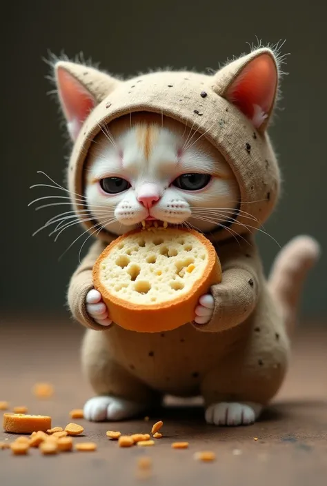 A helpless cat wearing a folky cat is eating bread