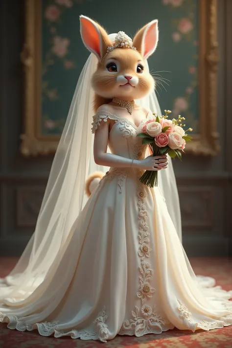 photorealistic portrait of Dressed animals - a ((fat)) ((baby))(hare) bride,(cute),(happy smile:1.5),(furry), high quality,(lovely) ,intricate details, highly detailed (gothic white wedding dress)),wearing opera globes , (high heels),wearing highly detaile...