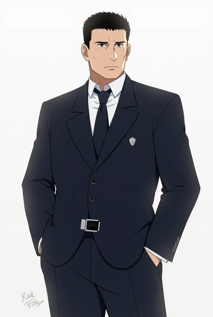 Gender: Male

Age: Around 35-40 years

Build: Muscular, tall, broad shoulders

Face: Square-shaped with a strong jawline

Eyes: Dark brown, serious expression

Hair: Black, short, neatly styled

Clothing: Wears the standard CID uniform – a navy blue blazer...