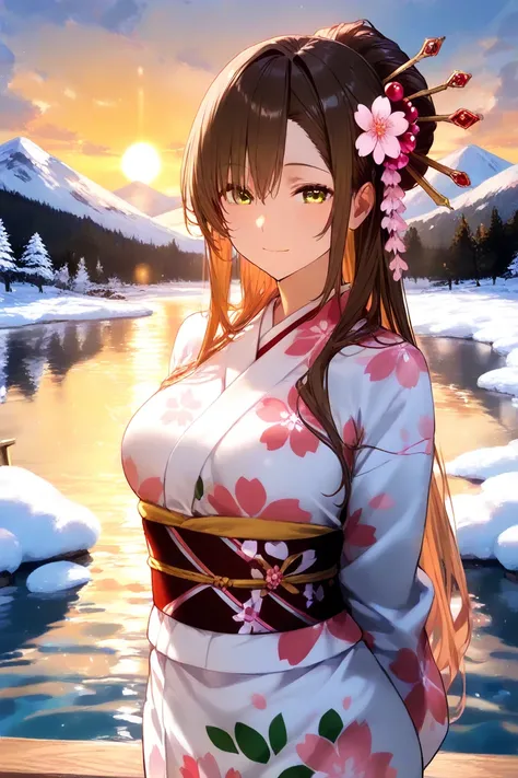 asuna, masterpiece, best quality, detailed, (1girl), solo, detailed golden eyes, long hair, standing, close to viewer, (detailed kimono), light smile, medium breasts,  (arms behind back), water, sunset, (hair ornament), (Sakura bloom),  snow mountain lake ...