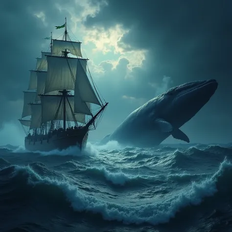  in the midst of a massive storm. A tall sailing ship stands in the middle of the crashing waves .  On board, tough sailors gather around Jonah the prophet, who shows signs of fear and despair .  and getting closer to the edge of the ship, while Jonah look...