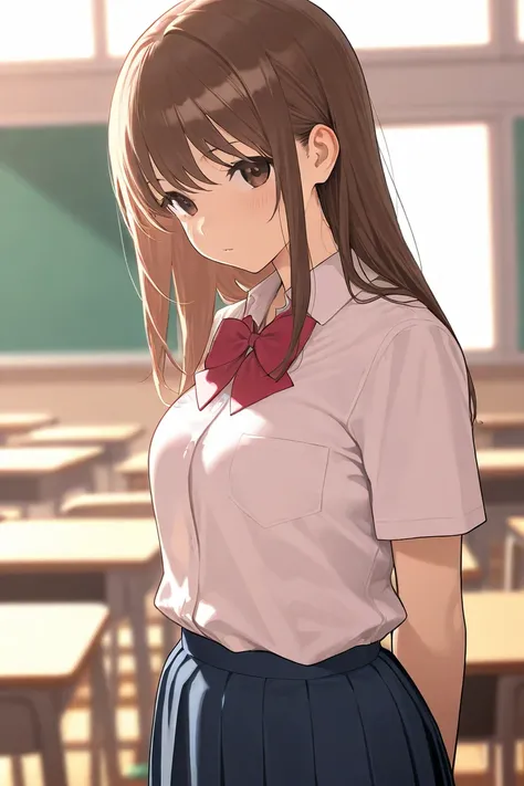 a high school girl, busty, brown shoulder length hair, school uniform, class room