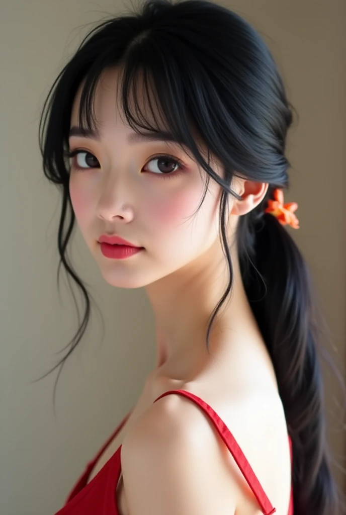 Beautiful young Japan lady wearing dress Hair: Long, silky black hair with a slight bluish tint, tied in a low ponytail Eyes: Large, deep dark brown or almost black, with a distinct shine that gives them mystery. Long, neat eyelashes make the look even mor...