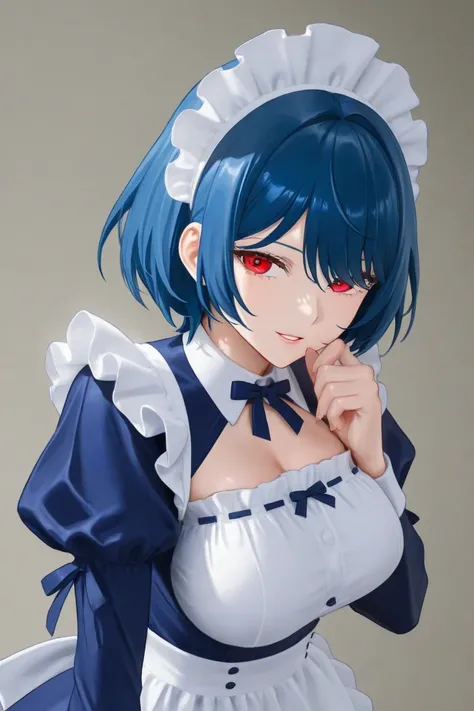 Blue Hair、 red eyes、 blue eyes、 odd-eye、 short hair、 bob hair、 adult woman、 Blue Maid Outfit