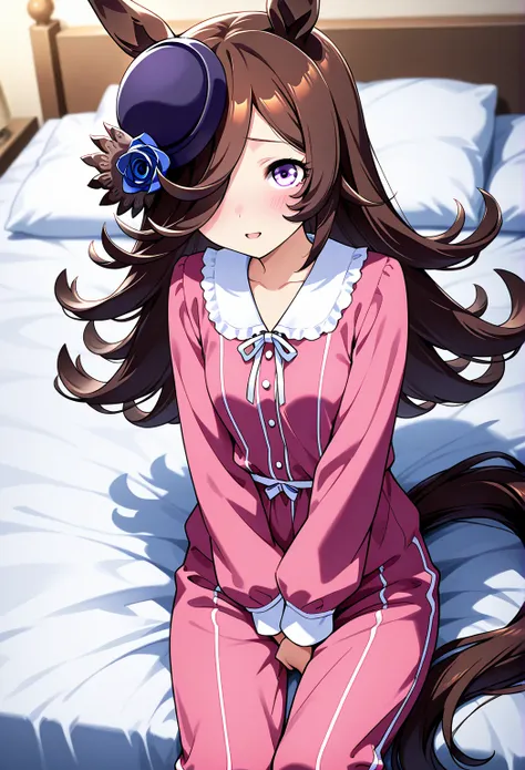 deTailed eyes,    girl,    rice shower (Uma Musume),    horse ears,       animal ears,    your hair hangs down to hide your eyes, horse Tail,   horse   girl , Tail, length、Bed-together、fluffy black pajamas、Remove the hat 、It sneaks into bed、 fingering