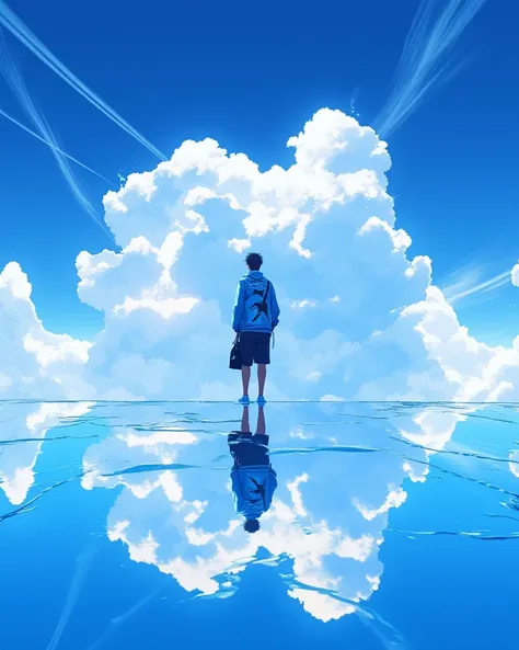 A serene and vibrant anime-style illustration of a lone figure standing on a mirror-like reflective surface that perfectly reflects the sky. The character wears a casual blue jacket adorned with bold white patterns and carries a small black bag slung acros...