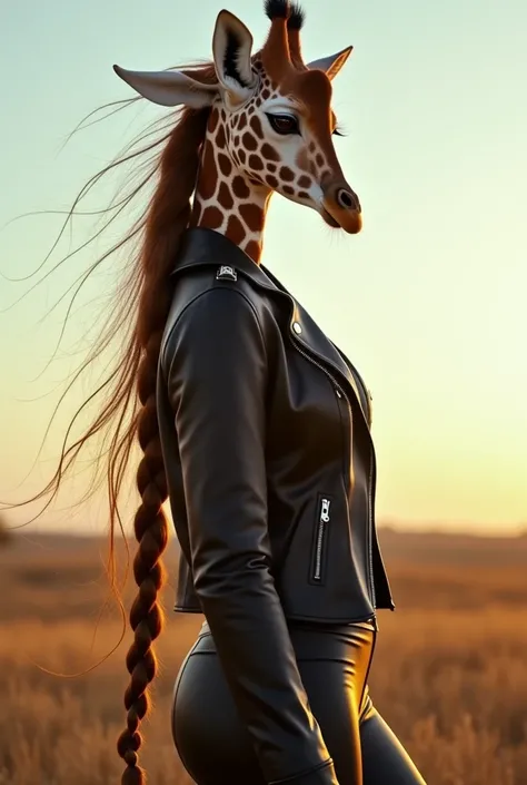  A full body photo,  seen from below,  of an anthropomorphic giraffe with giraffe skin. Her hair is long and braided ,  swaying softly in the wind .  She wears an elegant leather jacket and tight pants , giving a sophisticated and modern look.  Her express...