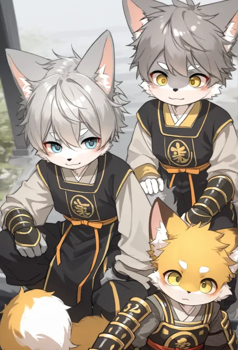   Fox Boy   ，Furry gray-haired boy toddler Hanfu Han dynasty armor，