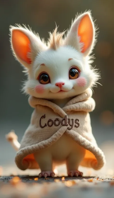 "A cute and unique fantasy creature named Coody with a small, chubby body, short legs, and expressive brown eyes. Coody wears a soft, flowing mini cloak embroidered with its name in a fantasy font. Its tiny paws leave behind a shimmering, glowing trail as ...