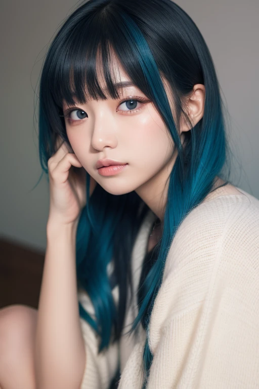  neutral person with blue hair、Blue eyes and eyelashes 