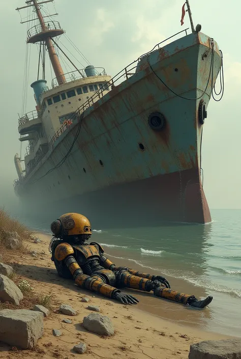 An abandoned ship runs aground, on board there was a robot that lost its legs and rusted eyes 