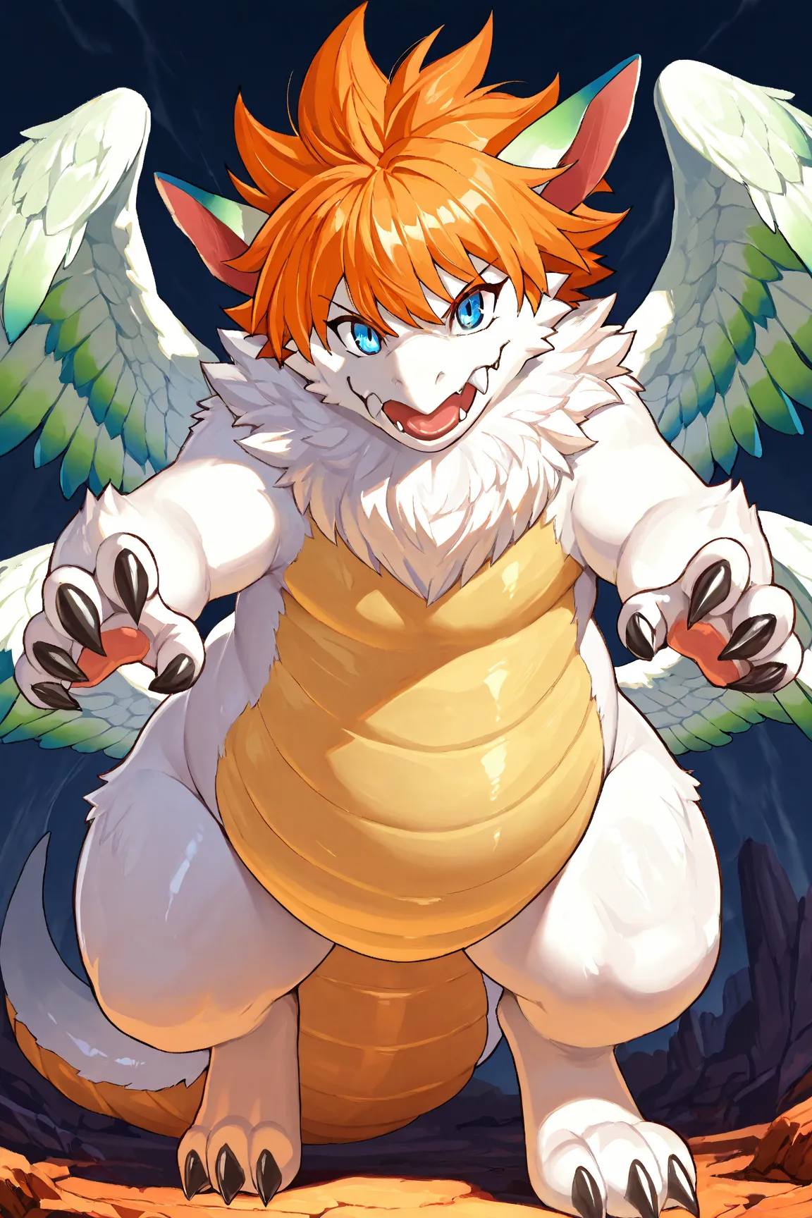 orange hair, source_anime,solo femboy,dragon,highest quality, blue eye, dragon tail, cute, white body,feathered Wings , Wings, Neck fur, low Wings, mulch Wings.

手招き

Belly down Style
Hovering
My belly and limbs are very fat,

A powerful beast in a pouncin...