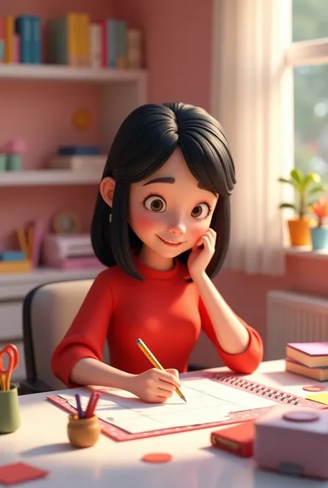 3D PIXAR STYLE POSTER. mulher com pele clara,  straight black hair, RED SLEEVE DRESS ,  WORKS WITH PERSONALIZED STATIONERY, white table, Printer,  scissors, colored paper 