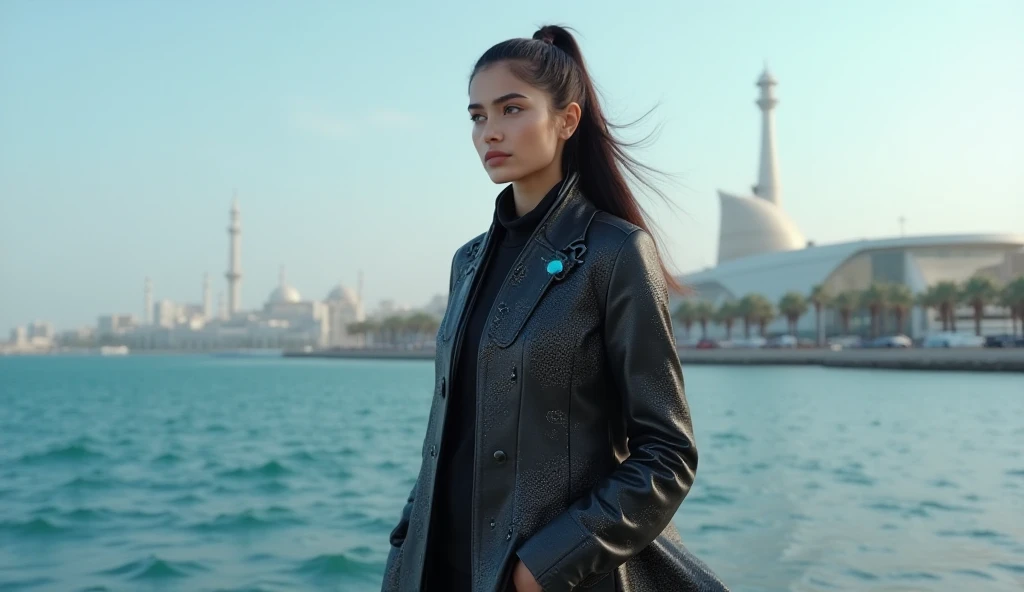 A 24-year-old Iranian girl in the style of the year 2030 is wearing a coat, high quality, full height. Background in the city of Bushehr, Iran, by the sea