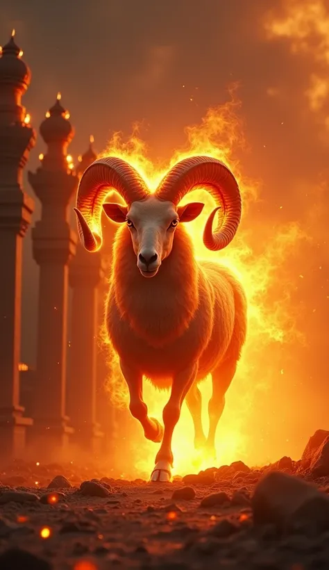 A majestic ram, its wool ablaze like a living flame, emerges from a golden-red mist. Its body is strong and noble, with curved horns that shimmer like molten metal, reflecting the divine fire’s radiance. Every step it takes ignites the ground beneath, leav...