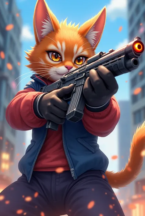 A cat fireing with a gun to anime 