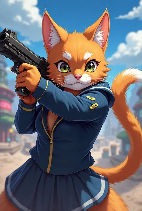 A cat fireing with a gun to anime 