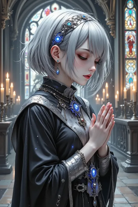 Retro Futurism style,Cracking,vintage sci-fi aesthetics,soft pastel glow,1girl,cyber-nun, Gothic　fashion　B,short white hair,metallic habit with neon accents,praying stance,hovering metallic candles,futuristic cathedral,stained glass with holographic patter...