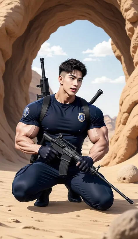 An anime-style illustration ,1 handsome man short hair ,crew cut hair, ,Wear a fitted round neck t-shirt, solid blue t-shirt,with a police badge,Navy Cargo pants with another knee pad , , carrying a black SCAR L gun on one back. , On the side of the black ...