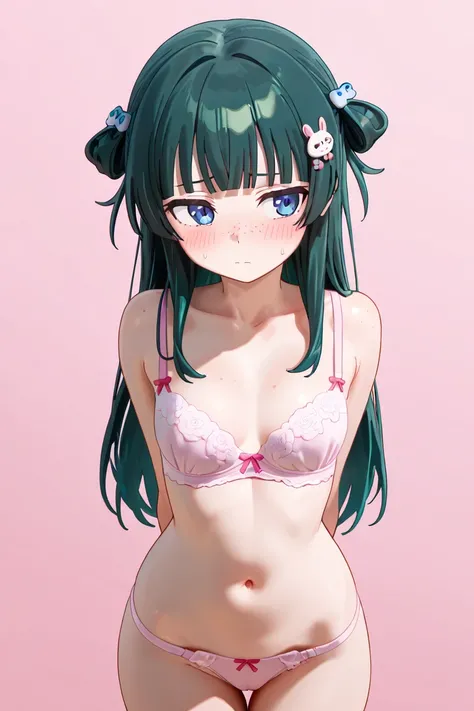 nsfw,  Masterpiece,  top quality,  high resolution,  very detailed, Mao Mao、  long hair、bangs、  blue eyes、   hair ornament、  green hair、鈍いbangs、 freckles、  bun hair、 underwear、 bra、 panties、naked、 is shy