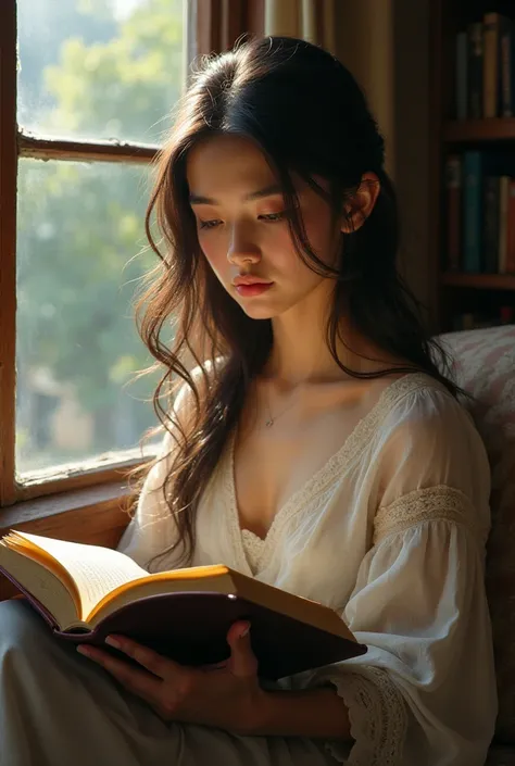 Picture a pretty girl with long hair reading