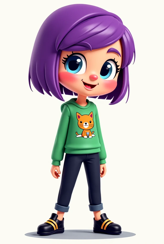 Cartoon character woman straight hair short purple with pants Angélica black short blue eye green shirt with kitten black shoe with lines 