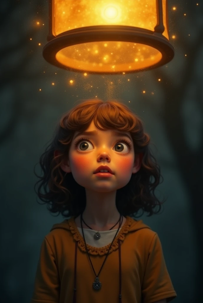  A close-up of Lila the small girl standing beneath the lantern, her face illuminated by the soft golden light. A faint, glowing mist surrounds the lantern, with the whispers of the riddle echoing through the air. Her expression is thoughtful, searching fo...