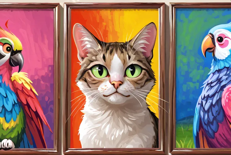 Cat Painting with bright colors on it's face, Detailed painting 4k, in a Cat Painting, a Cat Painting, Cat Painting, detailed 4k painting , Vector art by 、 COLORFUL AND DETAILS , Amazing Art , Amazing Paintings , Beautiful Art , brightly colored parr...