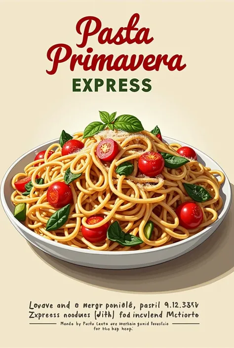 Make me an poster drawing, here's the details : "A simple Poster Drawing image of a plate of Pancit Express Italiano.  The pasta is made with thin wheat noodles, tossed with cherry tomatoes, zucchini, spinach, and red bell pepper.  The noodles are lightly ...