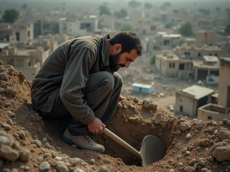 A guy digging in the land with a shovel in destroyed gaza in a sorrow mood a photo from sky view man bowing while digging