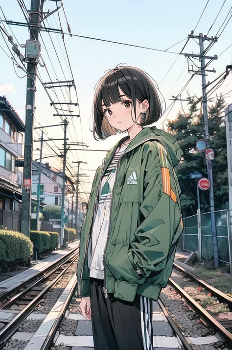  1 girl, Alone, Outdoors,Shimokitazawa，Along the railroad tracks ，  brown eyes,   black hair,  bob cut，Tiger Embroidered Jacket ,   jewelry, Mailbox,  watch the audience,   Black Adidas Jersey Pants with 3 White Stripes on the Side, construction,  earrings...