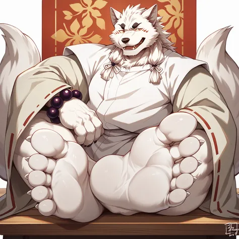 Gintaro,1 boy,male,(5_toes:1.3),foot focus,wide chubby white feet,show the soles of chubby white feet,looking at viewer,muscular body,pummelig,furry,fox spirit,white kimono,bead bracelet,straight face,muscular body,sitting,The side view of a face,(big whit...