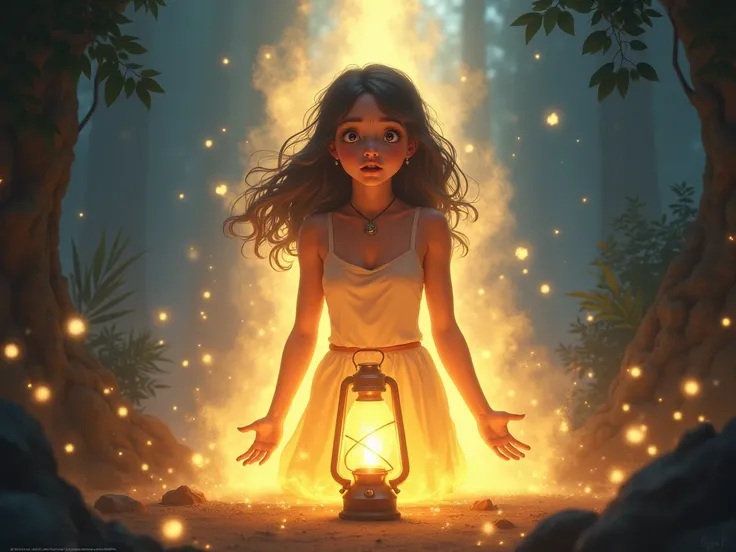   lila’s eyes widen with realization as she stands in front of the lantern. The surrounding light brightens, and a glowing aura forms around her, showing her deep understanding of the riddle.