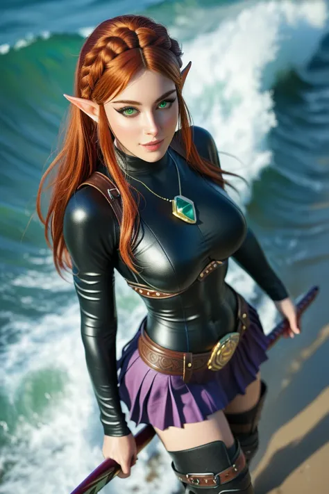 princess zelda, photoreaistic, fit, fair skin, (((long auburn hair))), green eyes, black eyeliner, (((perfect breasts))), pointy ears. Wearing (((black leather armor bodysuit)))((black thigh high boots))(((purple skirt))). Surfing on a wave. Wearing glowin...