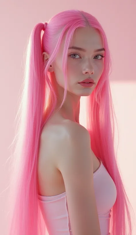 Vogue Runway Model with long Pigtails in the style of candycore hair, pale skin and light pink lips --v 6.0 --ar 4:5