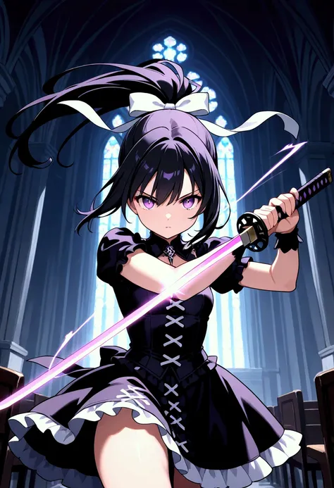 (masterpiece),(absurdres),(ultra detailed),(anime:1.2),solo lady,(23-year-old),shiny black hair,shiny purple eyes,(short highponytail),bangs:1.1,(1white ribbon;1.1),(small breast:0.7),(Gothic dress),katana stance,Gripping pattern 、serious,Rage, wind,depth ...