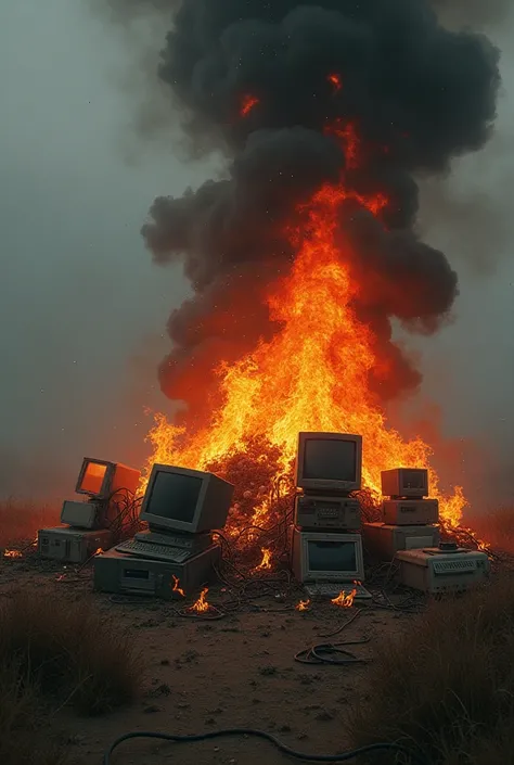 un énorme tas de vielles machines informatique, des vieux ordinateurs, des vieux pc portables, des écrans plats lcd , brulent en pleine air dans un feu ardent, dégageant une noire fumée.