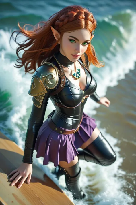 princess zelda, photoreaistic, fit, fair skin, (((long auburn hair))), green eyes, black eyeliner, (((perfect breasts))), pointy ears. Wearing (((black leather armor bodysuit)))((black thigh high boots))(((purple skirt))). Surfing on a wave. Wearing glowin...